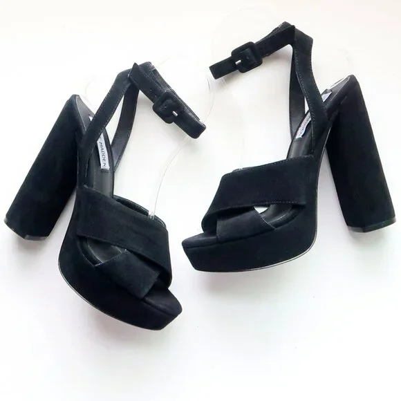 Steve Madden Jodi Black Suede Leather Platform Ankle Strap High Heel Sandals 7 - Picture 2 of 14